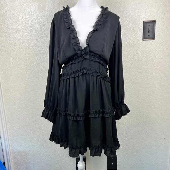 ASOS Designs Black Tiered Ruffle Open Back Party Date Night Dress Size L - Picture 1 of 8